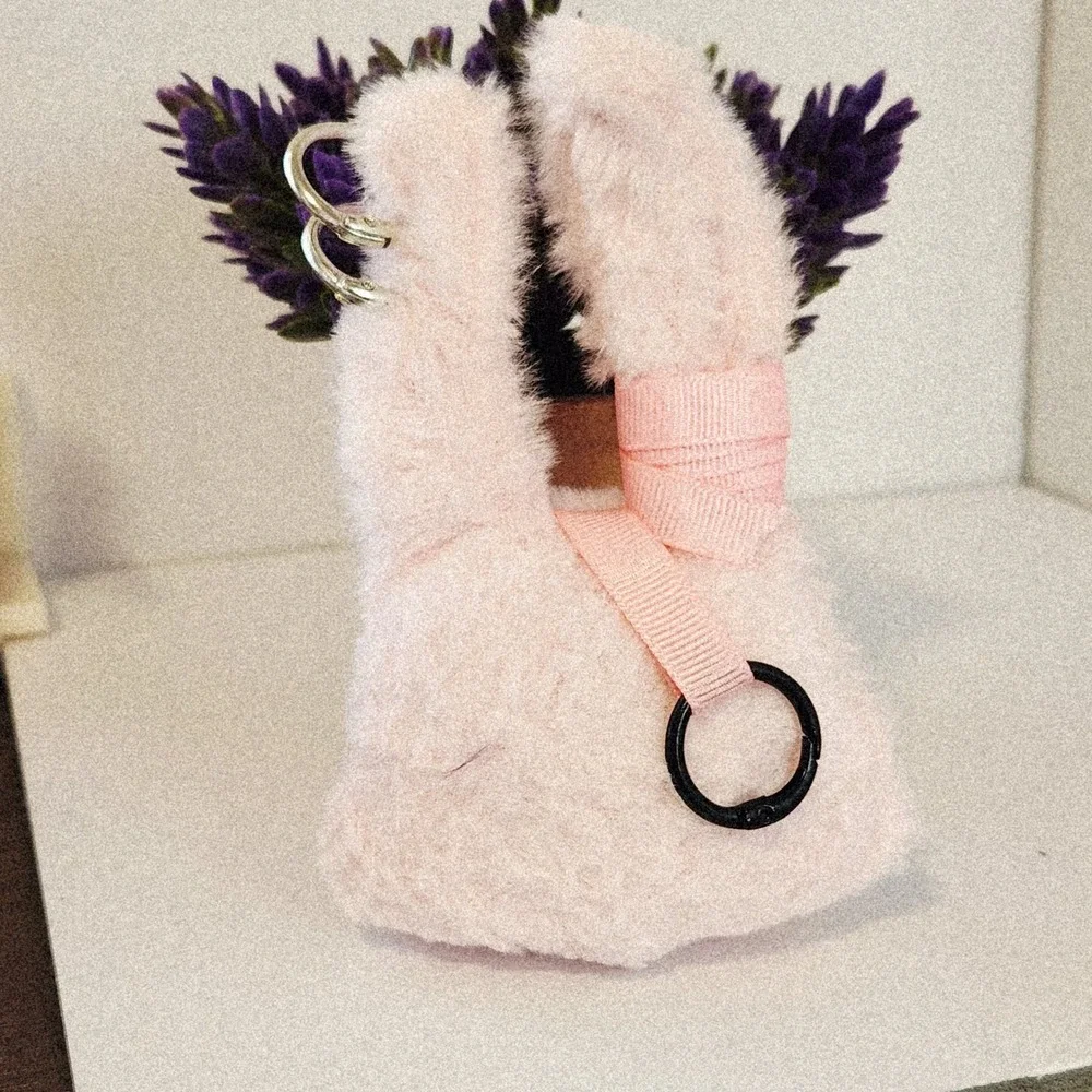 Pink Plush Bunny Head Keychain Pierced Stitched Faux Fur Alternative Accy 5